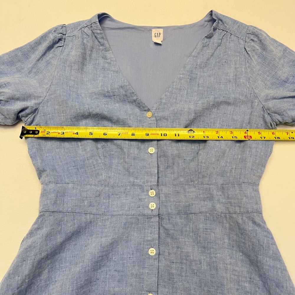 Gap Blue Linen Blend Button Front Puff Sleeve Tie Cuff Fit Flare Dress Size 8 - Picture 5 of 9